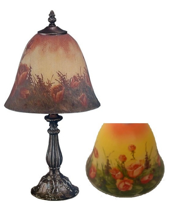 Beautiful Hand Painted Glass Desktop Lamp - Antique Look - Morning Rose Design