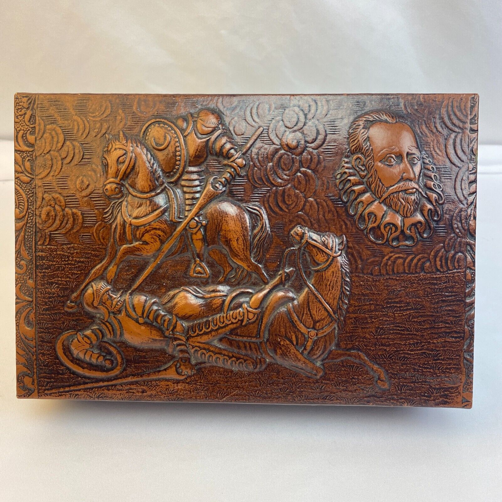 Vintage Don Quixote Embossed Leather Covered Cigarette/Cigar Wooden Box - NICE