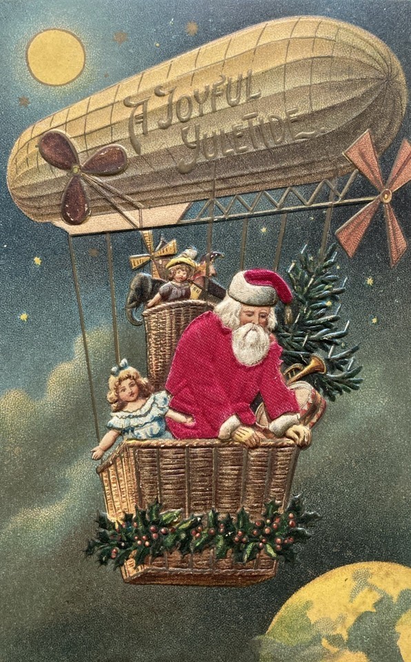 Rare~SILK~Santa Claus in a Hot Air Balloon Christmas Postcard~Blimp Zepplin~s324