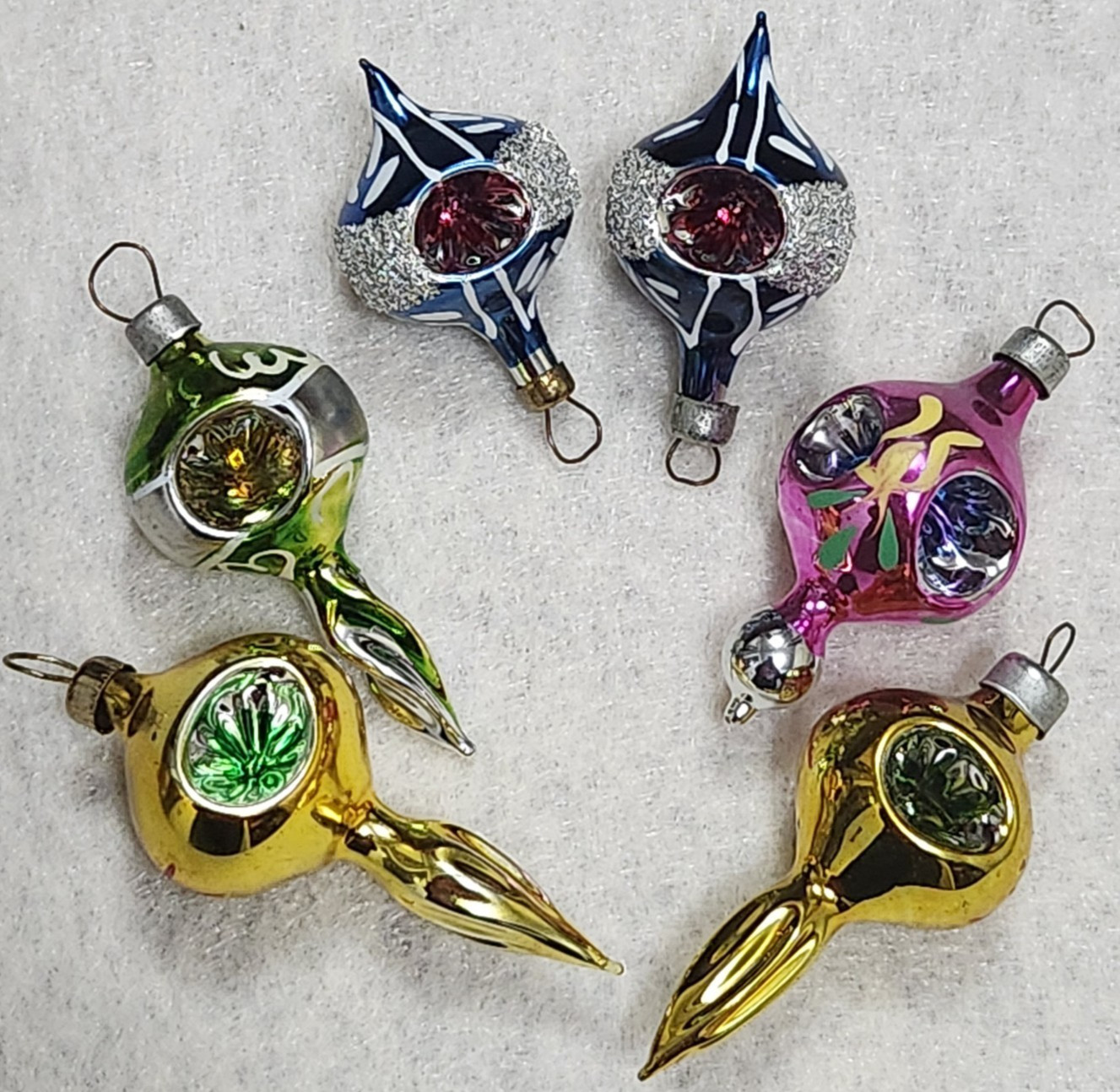 VTG Mavi Mini Feather Tree Blown Glass Ornaments Indents Fancy (6) Christmas