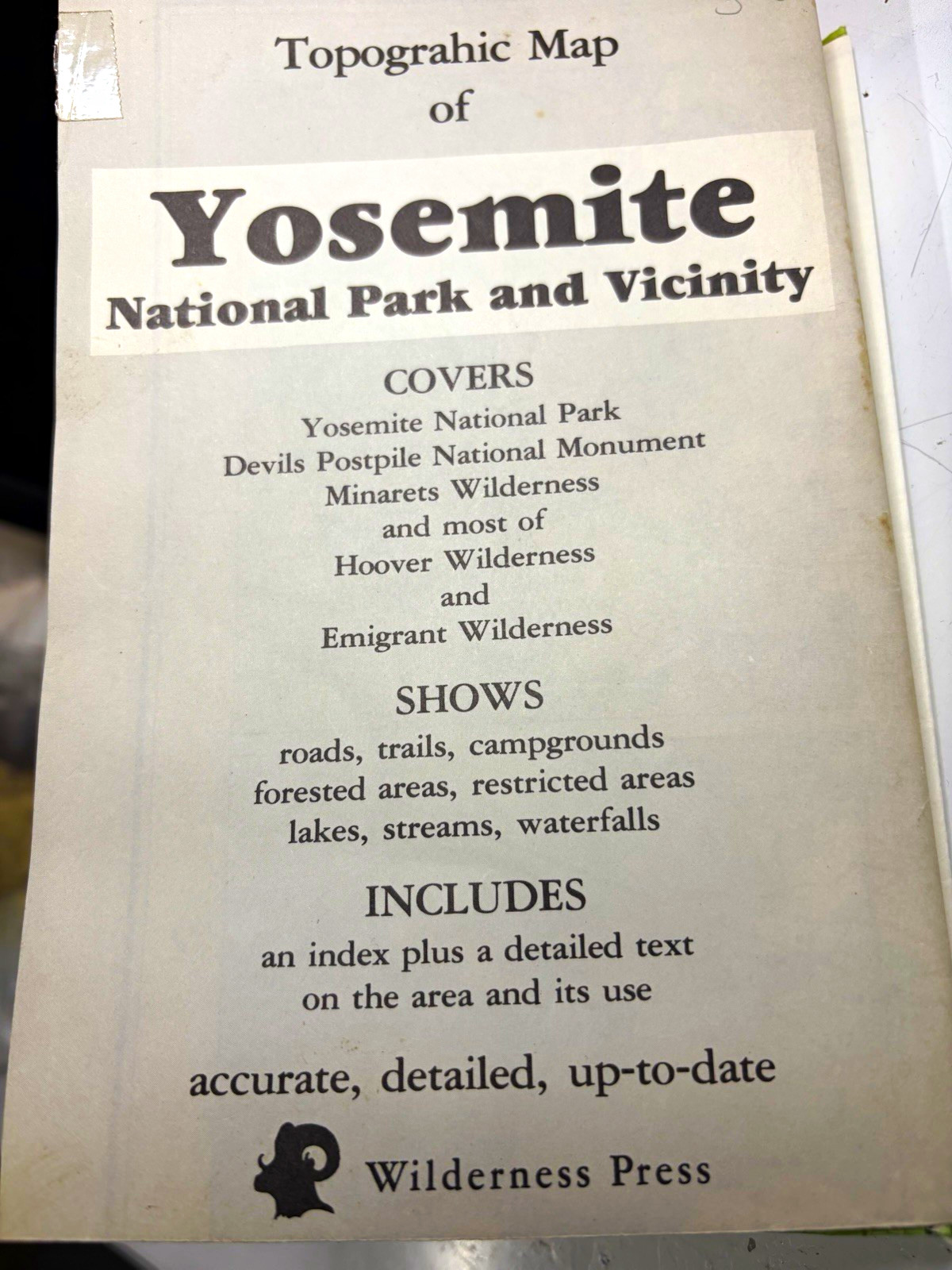 Wilderness Press Yosemite National Park & Vicinity Topographic Map 1982