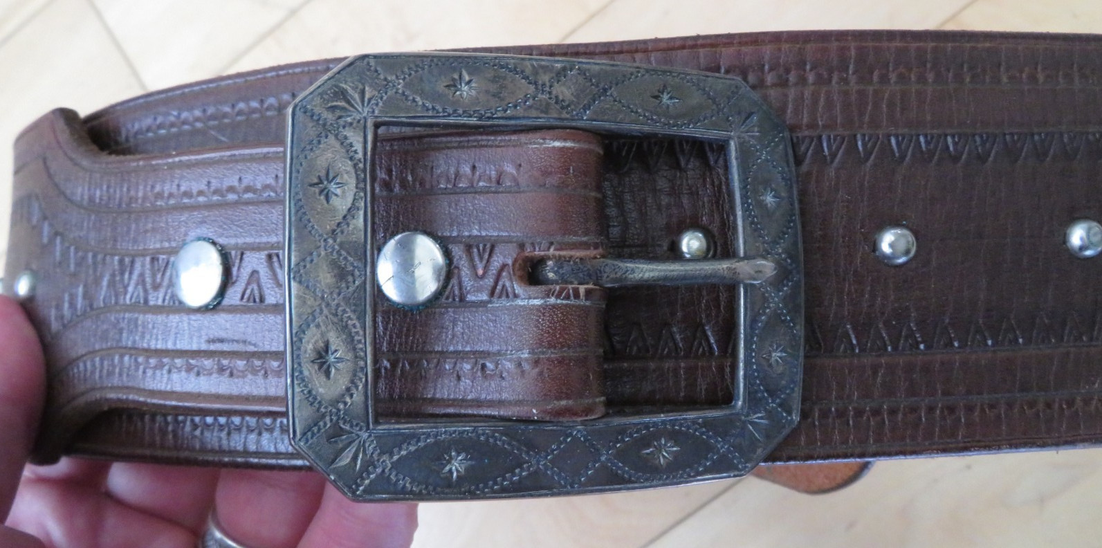 Rare Vtg F. Schultz Western Leather Belt w/ Sterling Silver Belt Buckle 41