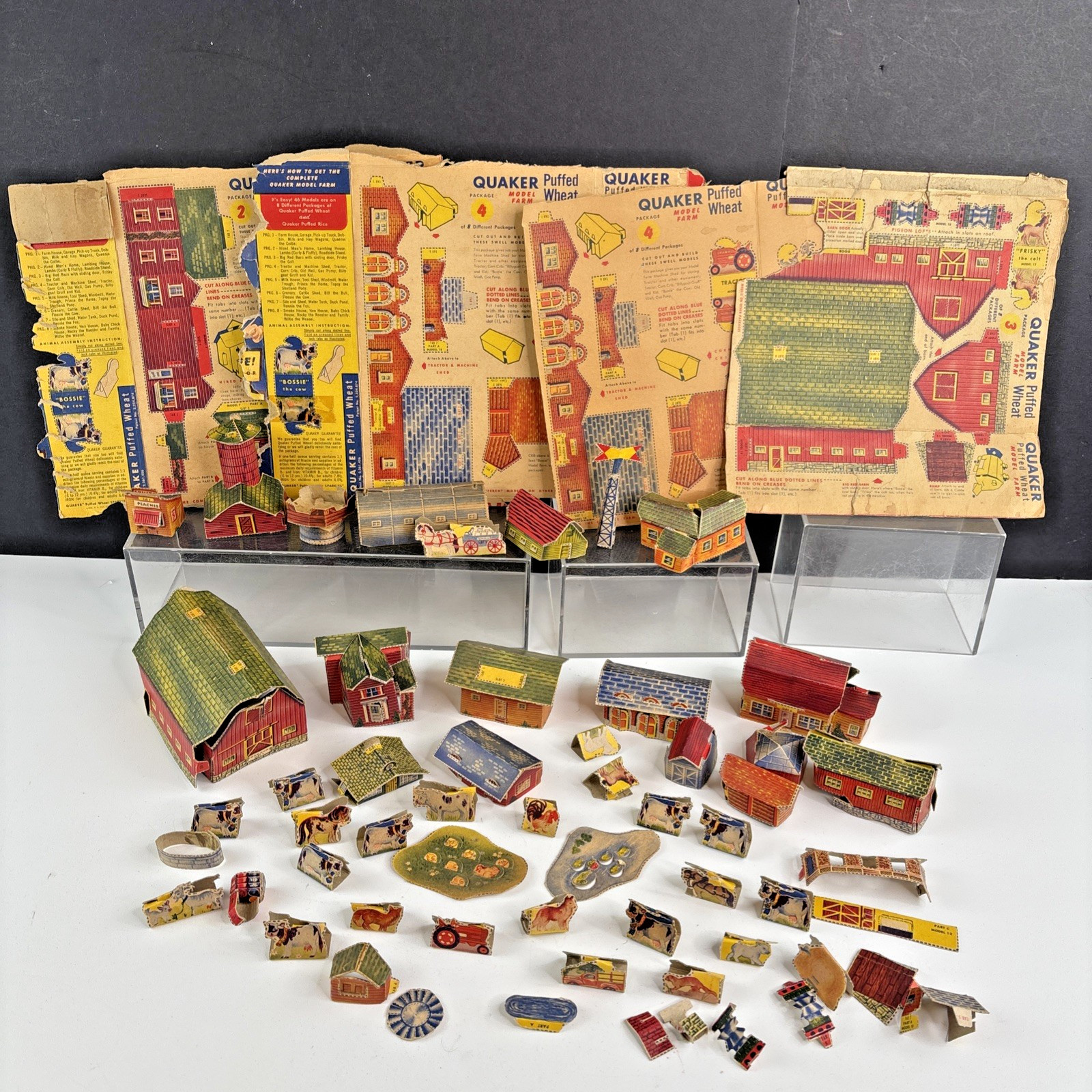 1940s QUAKER PUFFED Wheat Model Farm Box Panel Package 2,3,4 Uncut & Cut