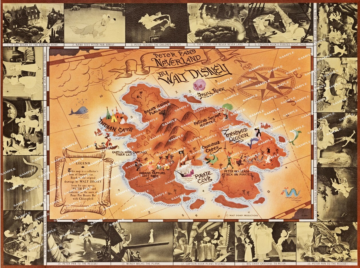 1953 Walt Disney Peter Pan 11 x 14.5 Promotional Map of Neverland Poster
