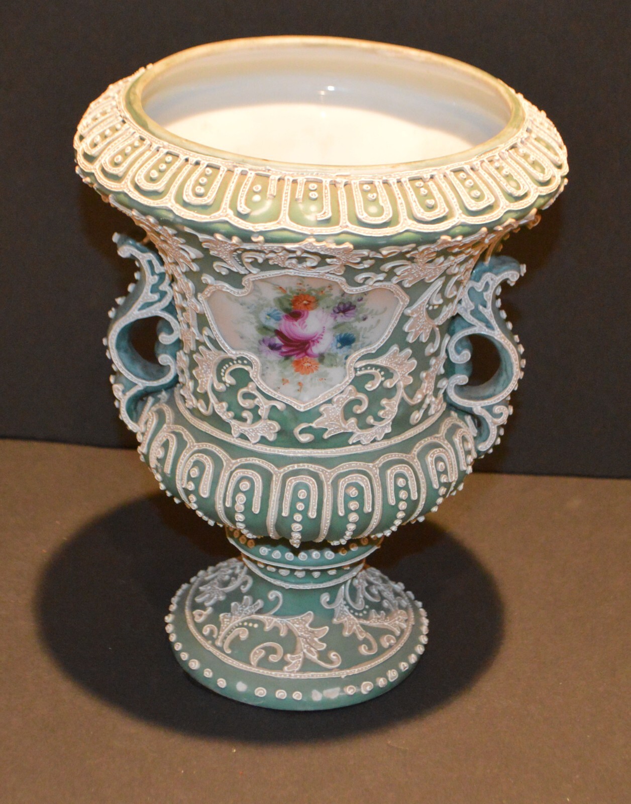 Antique Nippon Moriage Loving Cup Vase – Hand-Painted Floral & Raised Enamel