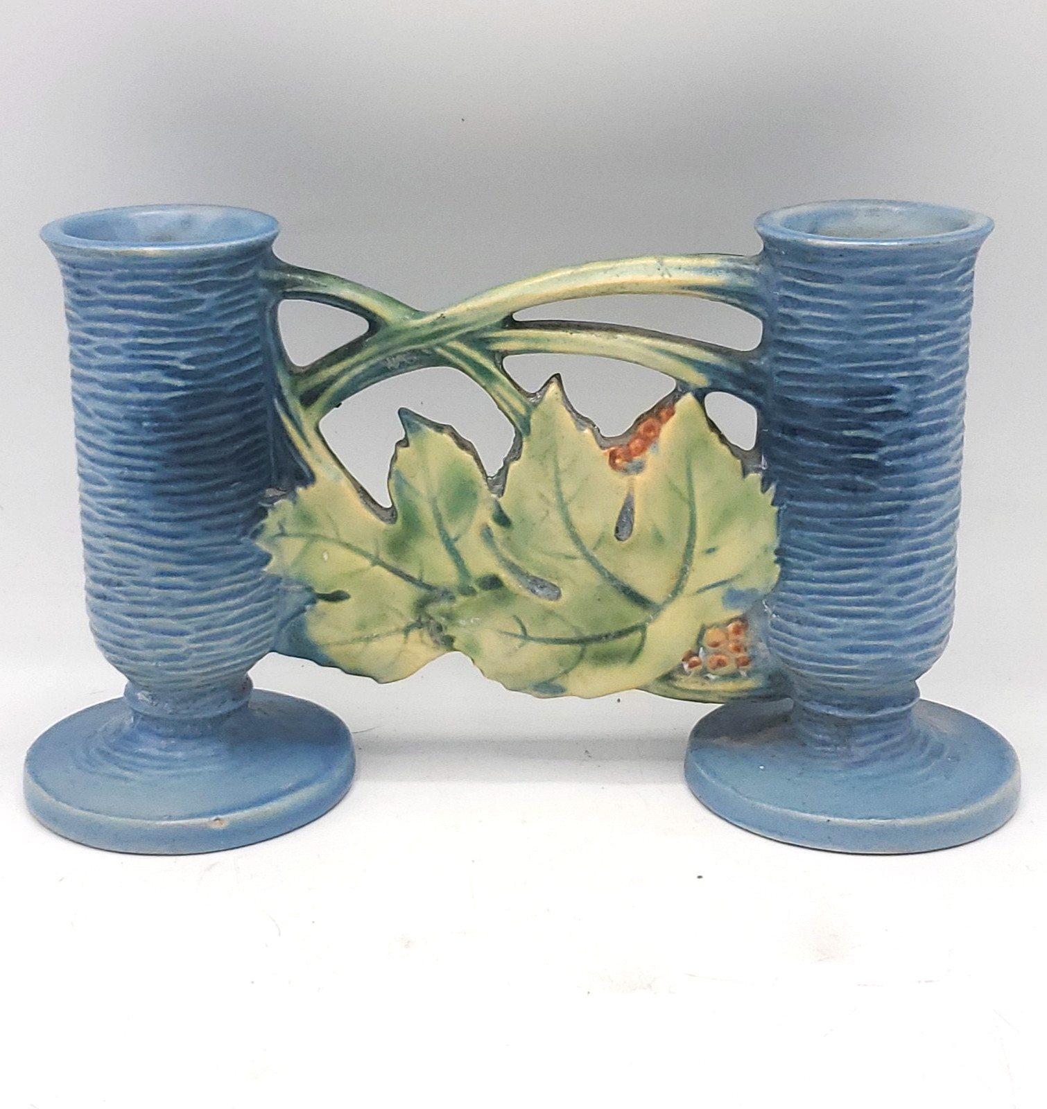 Roseville Pottery Bushberry Double Bud Vase 158-4.5 Blue and Green