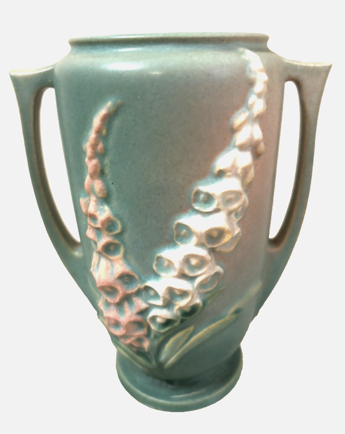 RARE VTG ART DECO ROSEVILLE MATTE GREEN FOXGLOVE POTTERY VASE #45-7 SIDE HANDLES