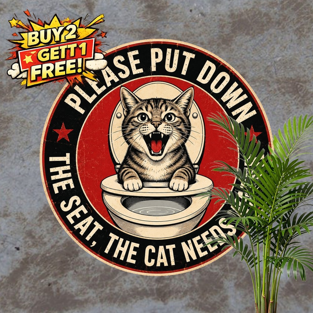 Please Put Down Toilet Seat Funny Cat Quote Round Metal Tin Sign Decor