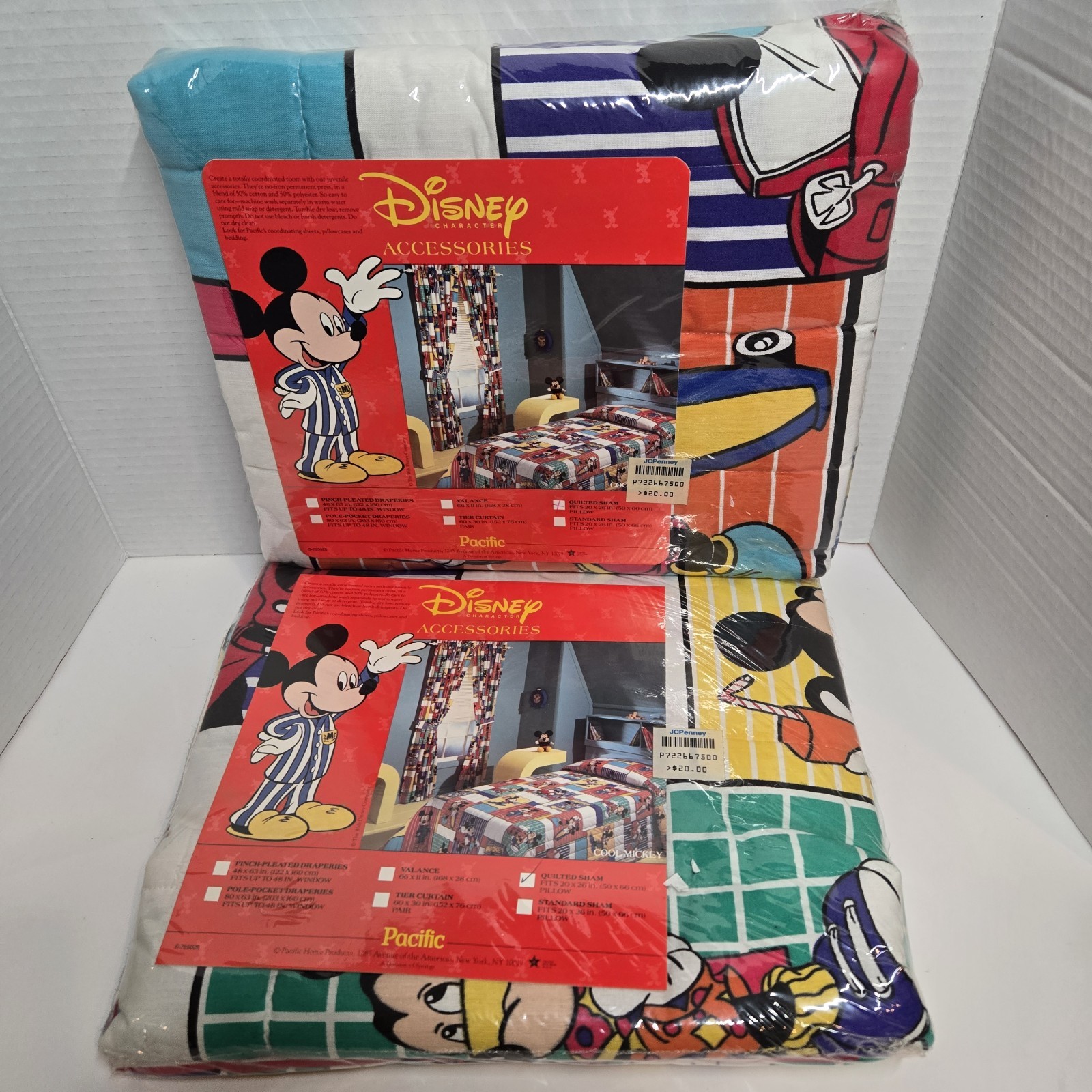 2 New Vintage 80s Disney Mickey Mouse Quilted Sham Pillow Pacific Home USA Made