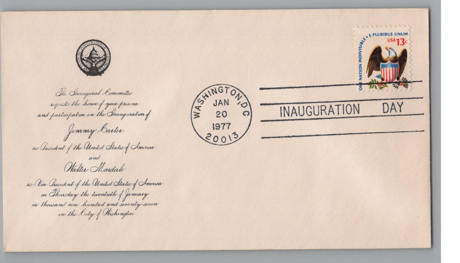 Vintage 1977 Carter Mondale Inauguration Official Envelope - Washington DC Cance