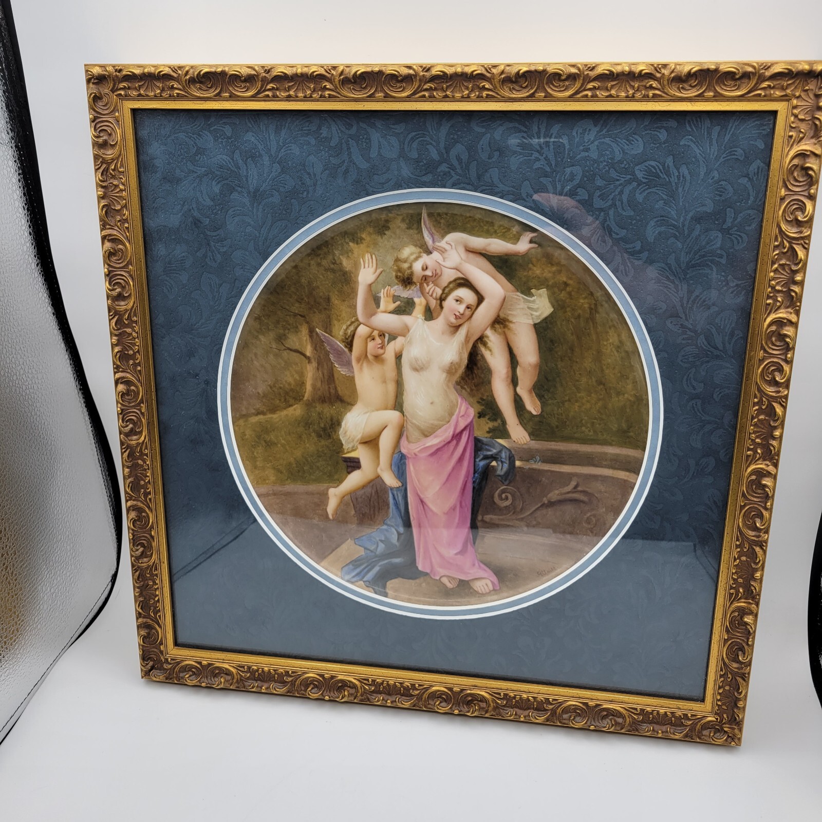 Antique Porcelain Plaque Austria Hand painted \'Couseil d\'amour\' Framed