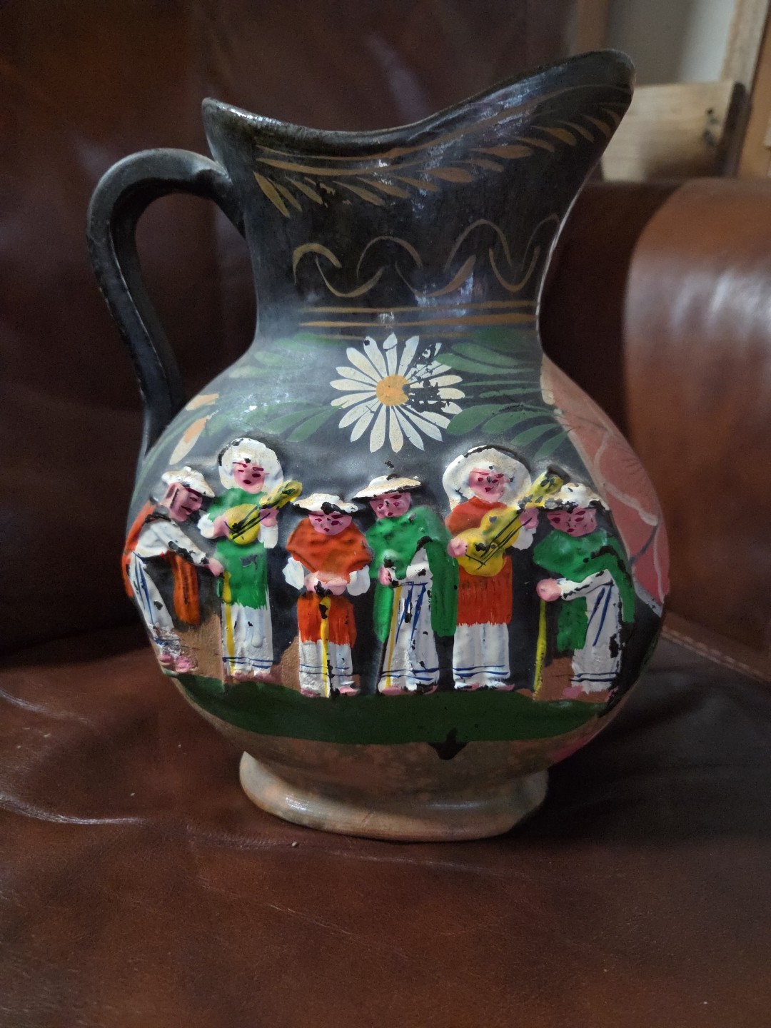 Vtg Mexican Folk Art Pitcher Hand Painted  Raised Relief 11
