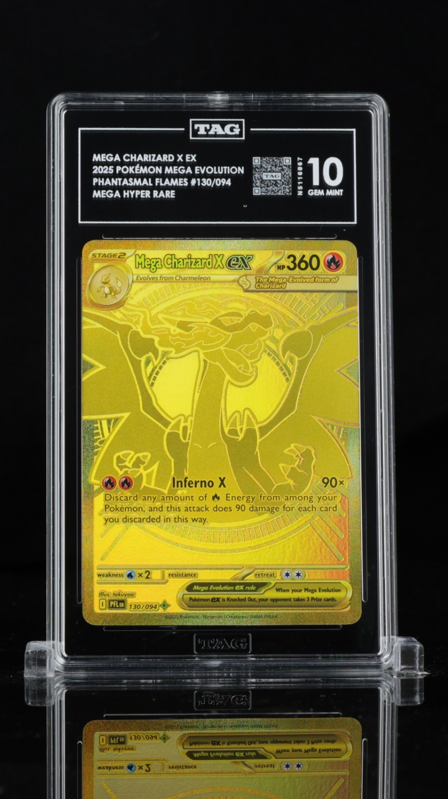 TAG 10 ● GOLD Mega Charizard X ex 130/094 ● Phantasmal Flames ● With Case 