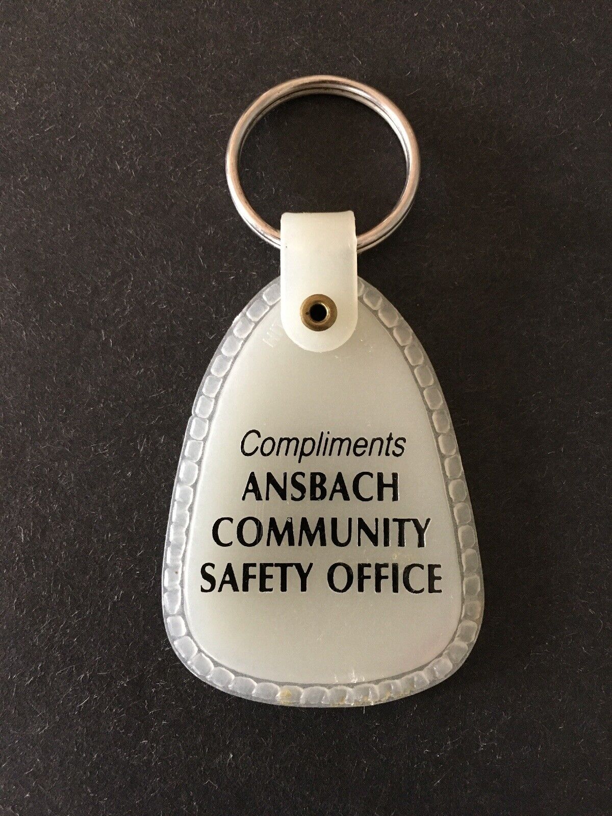 Vintage Keychain ANSBACH COMMUNITY SAFETY OFFICE Key Ring Glow In Dark Fob USA