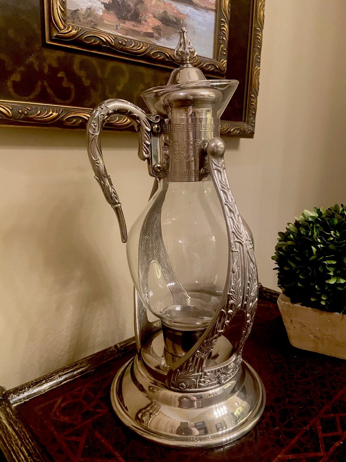Vintage Silver Plate Tilting Glass Beverage Carafe~Warming Stand~Tealight Cup