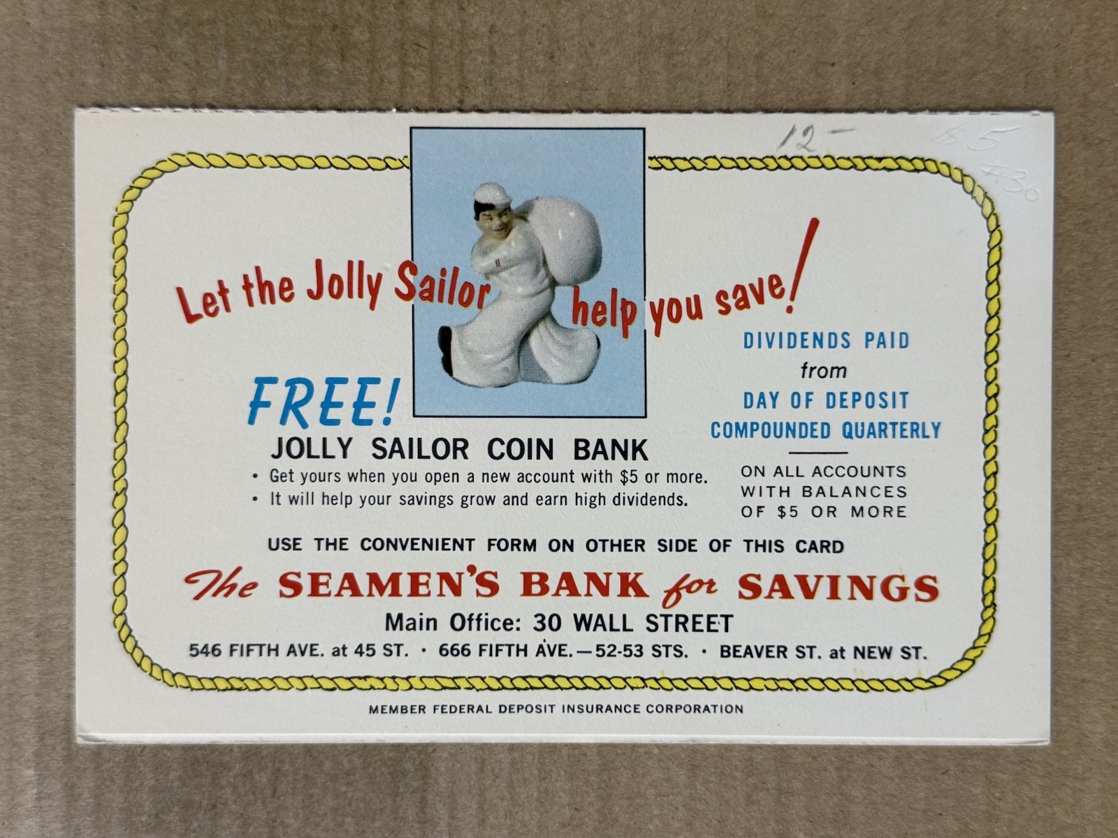 Postcard Seamen\'s Bank for Savings Jolly Sailor Coin Bank Ship Advertising NYC