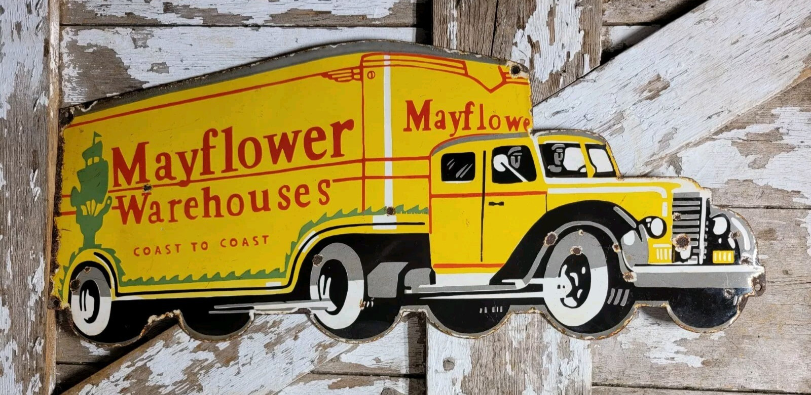 VINTAGE MAYFLOWER PORCELAIN SIGN OLD TRUCKING MOVING TRACTOR TRAILER SERVICES
