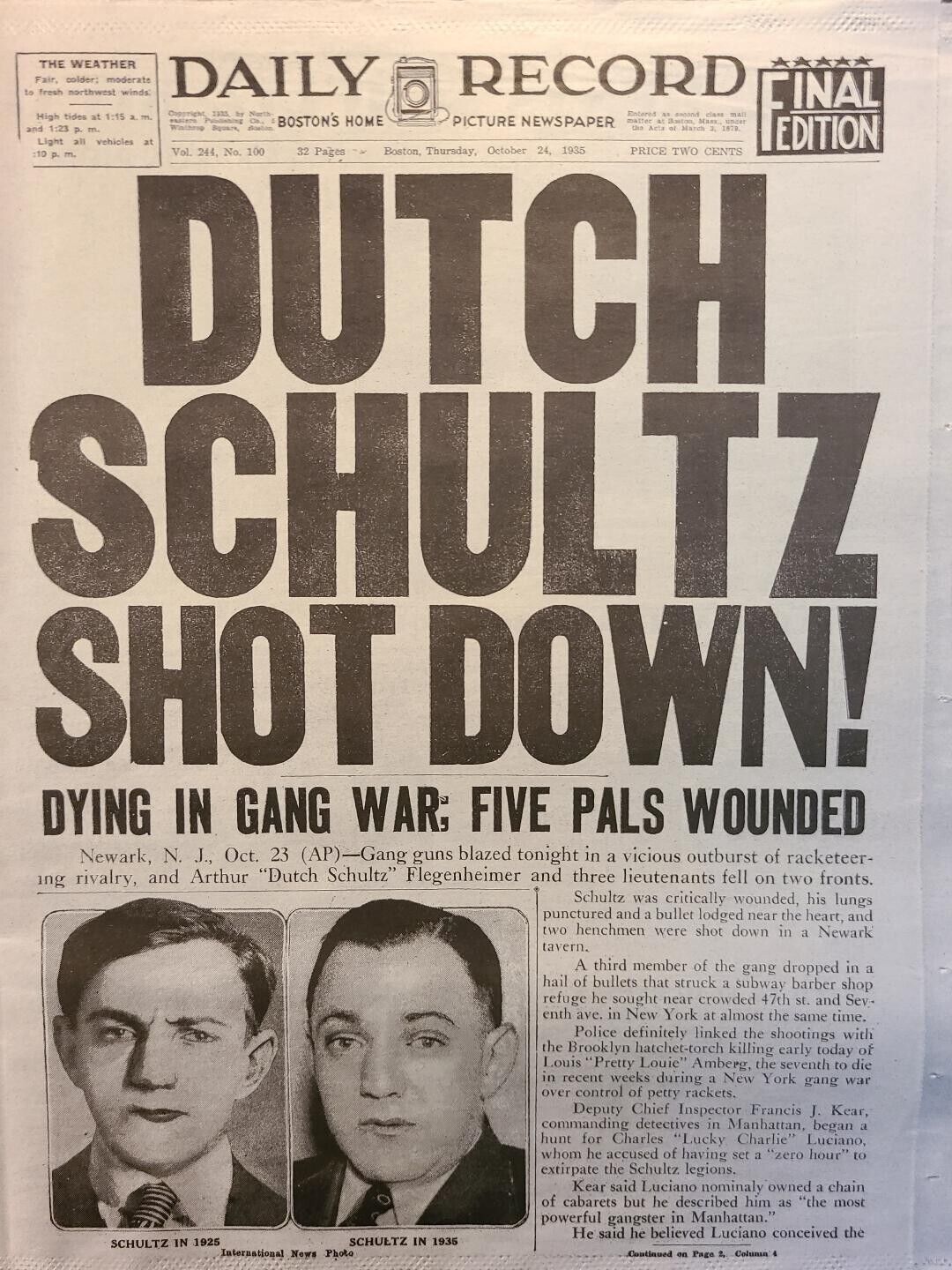 Reproduction Newspaper - DAILY RECORD  - October 24, 1935 - Dutch Schultz Shot