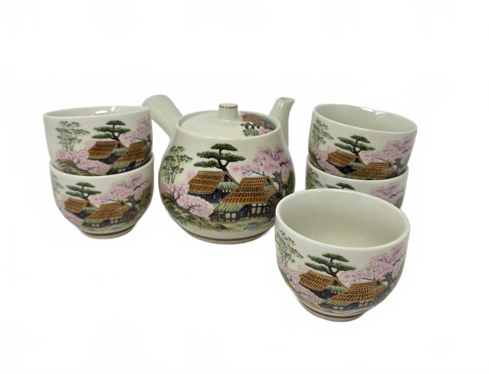 Vintage Japanese Tea Set Kyusu Teapot 5 Cups Cherry Blossom Moriage Japan Vintage Japanese Tea Set Kyusu Teapot 5 Cups Cherry Blossom Moriage Japan