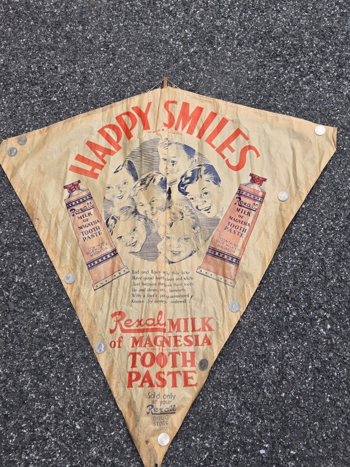 RARE Old Antique 1920s Advertising REXALL Milk of Magnesia Tooth Paste Kite SIGN