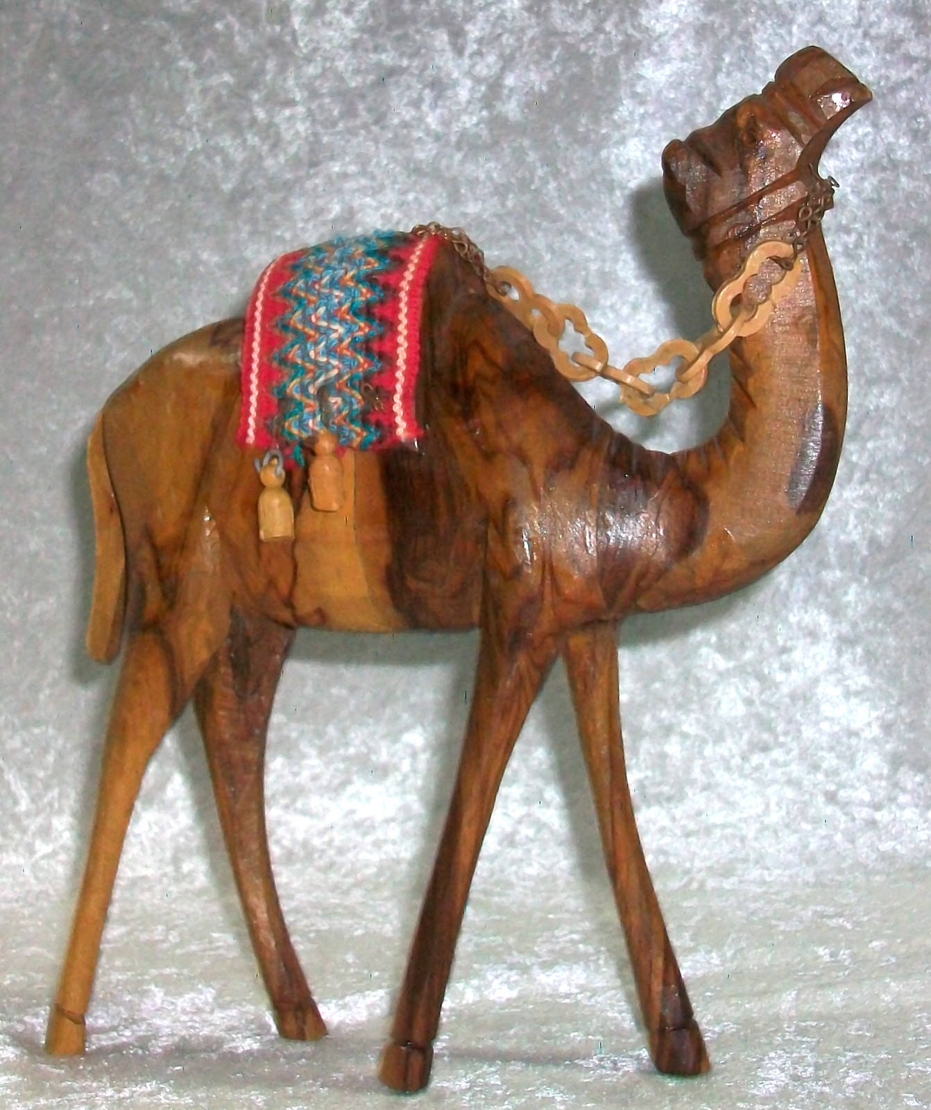 Vintage Hand Carved Olive Wood Standing Camel Figurine Chains Tassels Blanket