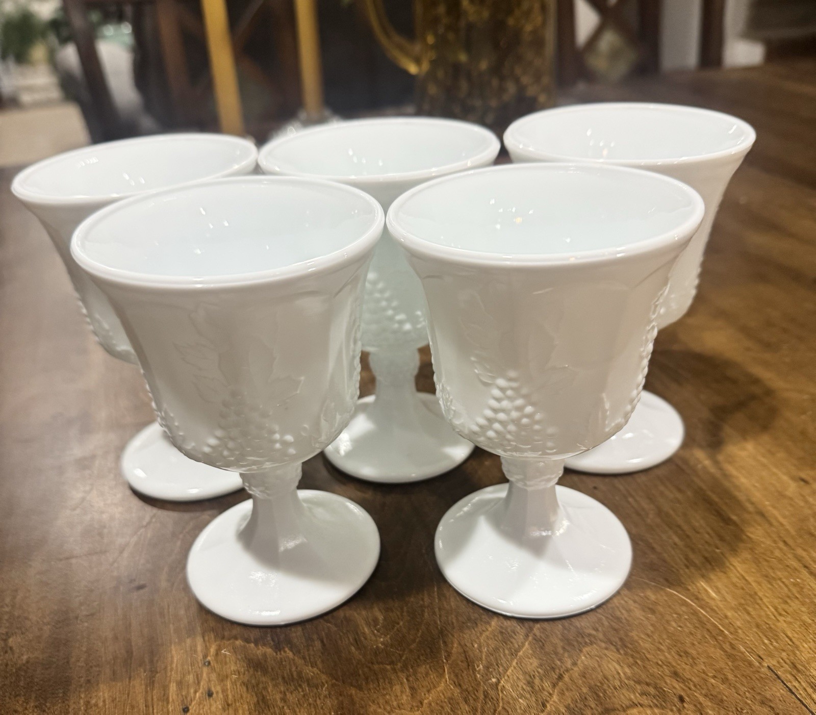 Set 5 Vintage Indiana Milk Glass 5.25” Goblet Colony Harvest Grape Pattern