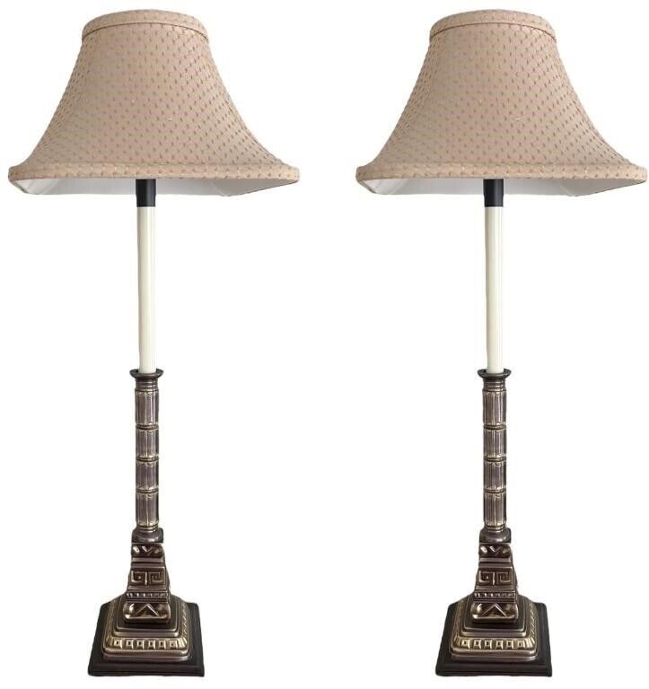 Pair of Tall 30in Frederick Cooper Solid Bass Candlestick Lamps With Shades