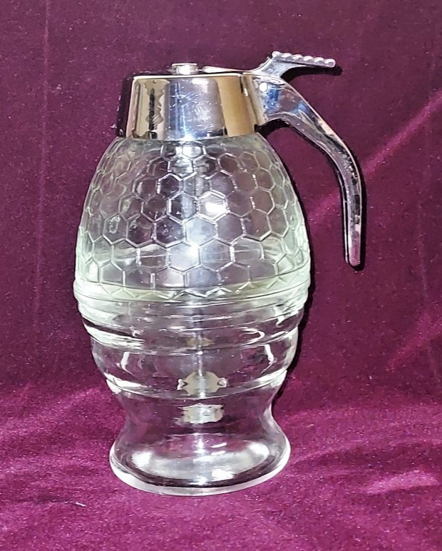 Vintage Honey Dispenser Glass Honeycomb Container with Glass Drip Cup 8 oz.