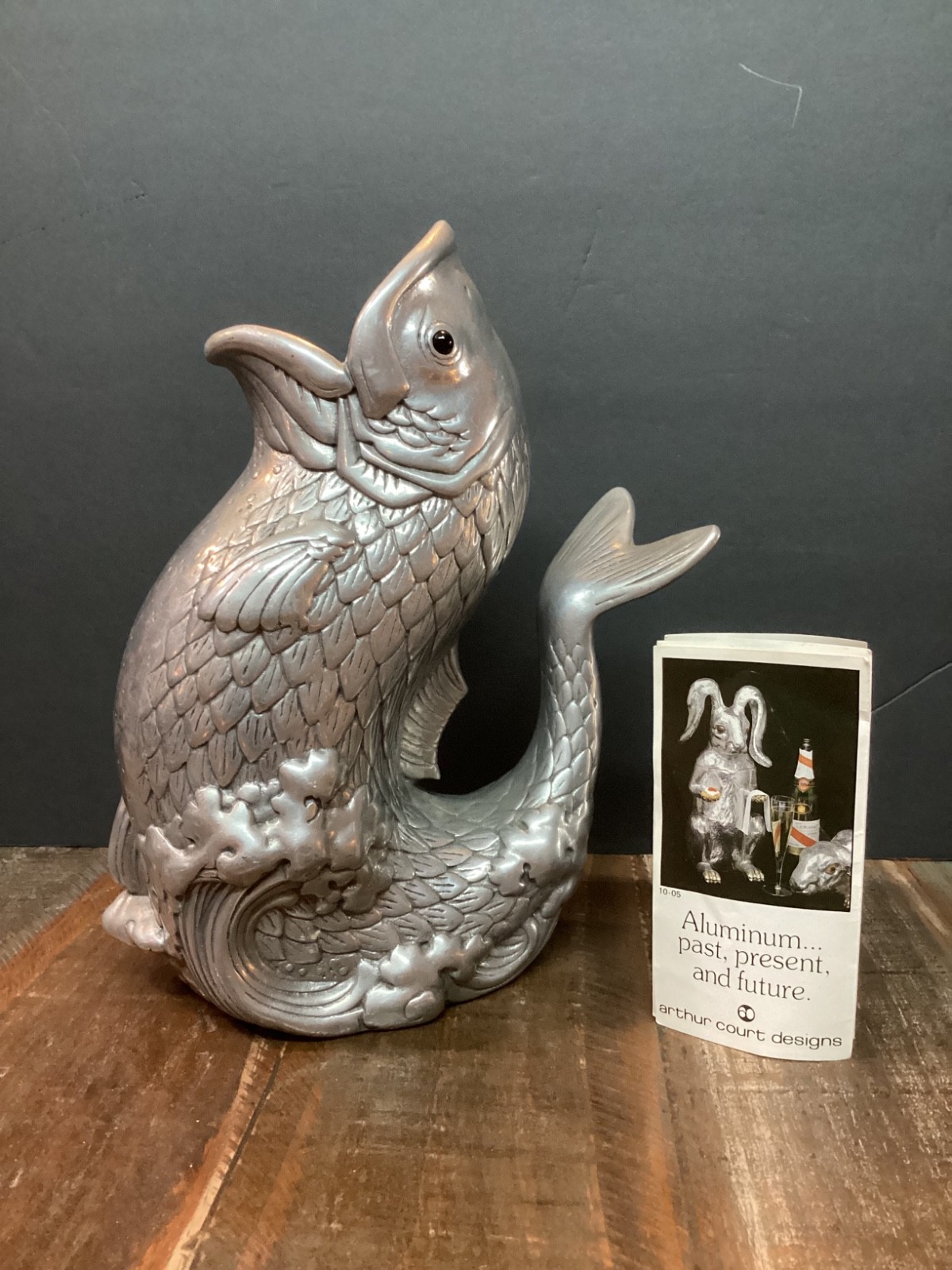 Rare vintage Arthur Court aluminum koi/carp shape Fish Pitcher w/onyx eyes 10”