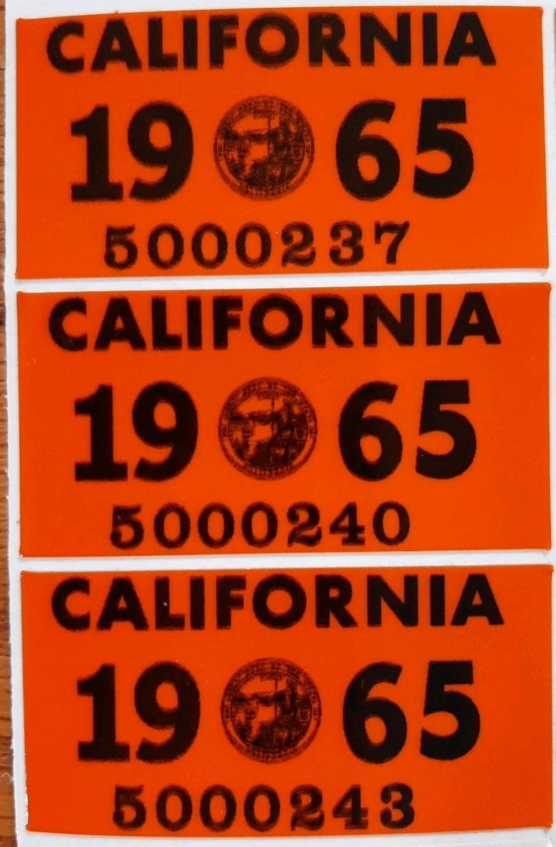 1965 California YOM license plate sticker, DMV, CAL, Registration (One) 1965 California YOM license plate sticker, DMV, CAL, Registration (One)