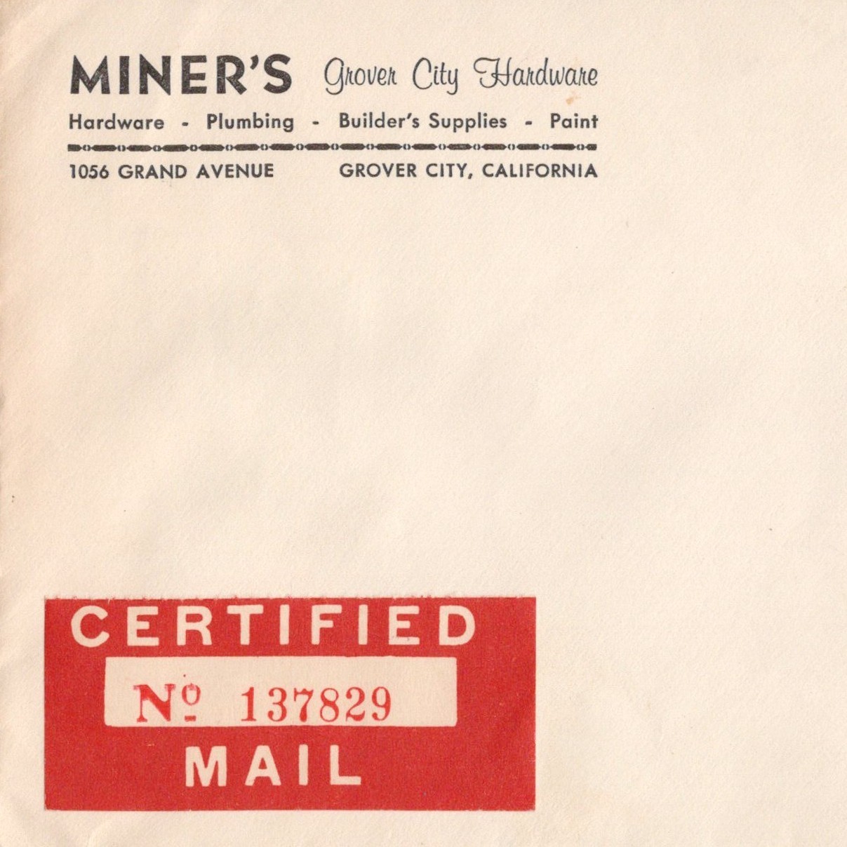 1960 Miner\'s Grover City Hardware Grover City CA Postal Cover