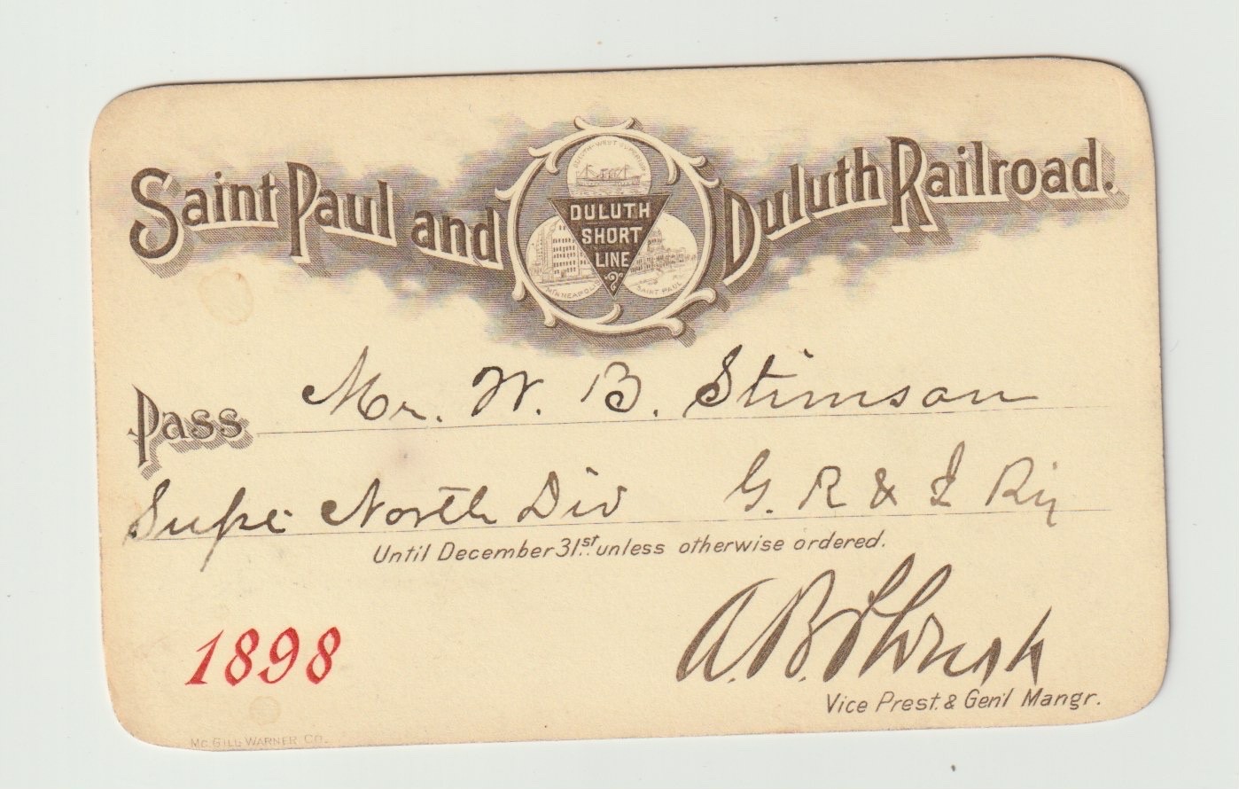 1898 Saint Paul & Duluth Railroad Annual Pass