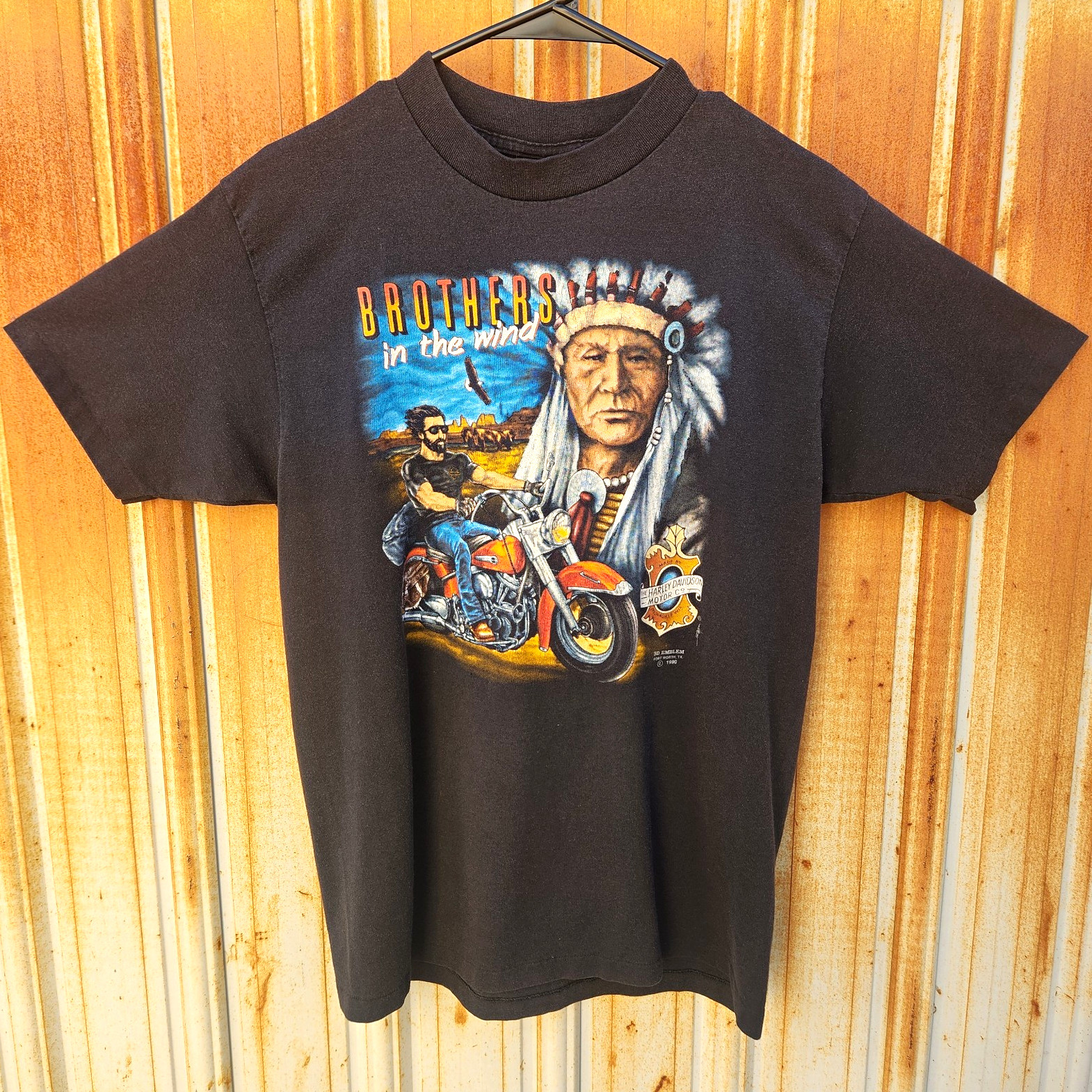 VTG 1990s Harley-Davidson T-Shirt 3D Emblem Brothers in the Wind L Single Stitch