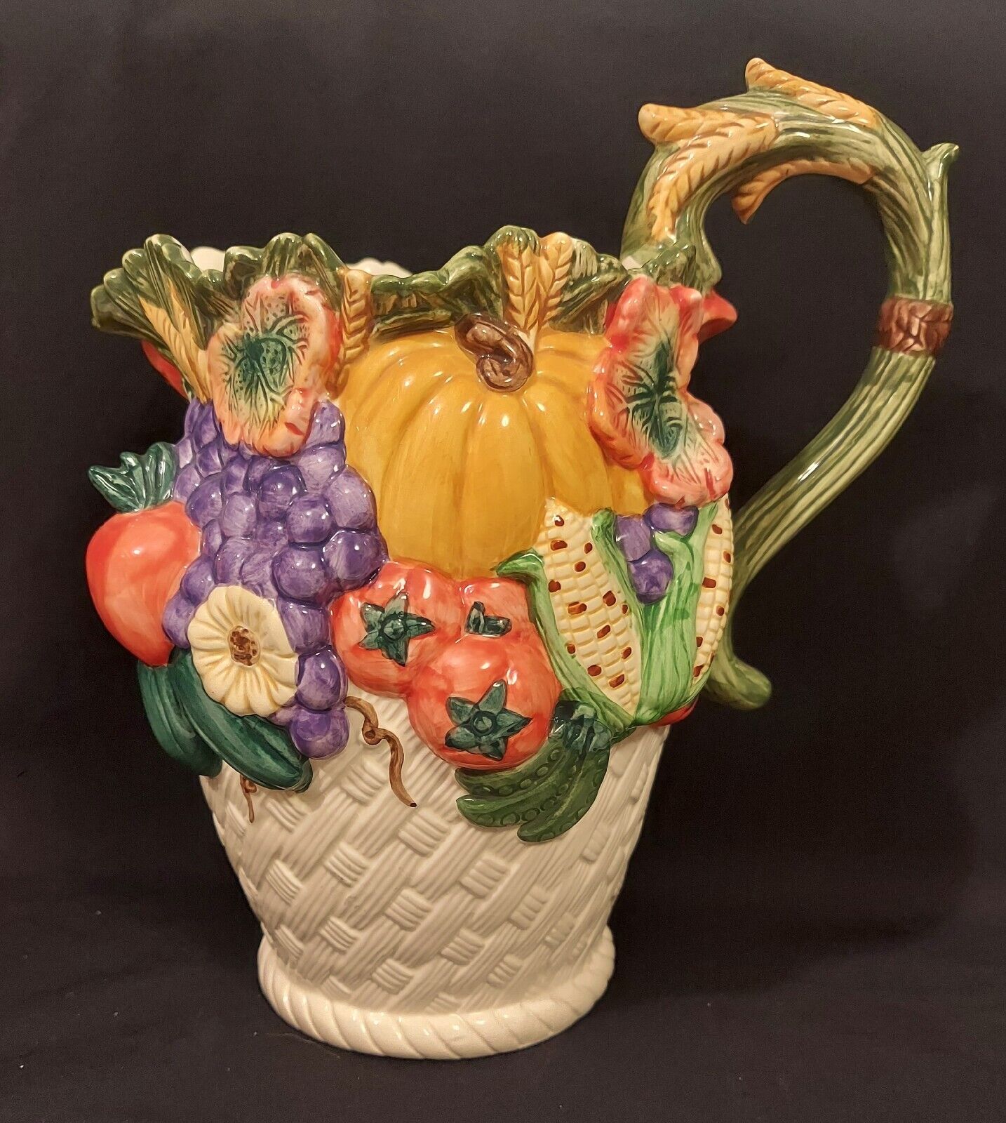 Vtg. Long Rich Ceramic Pitcher Vegetables, Fruit Basket Harvest 