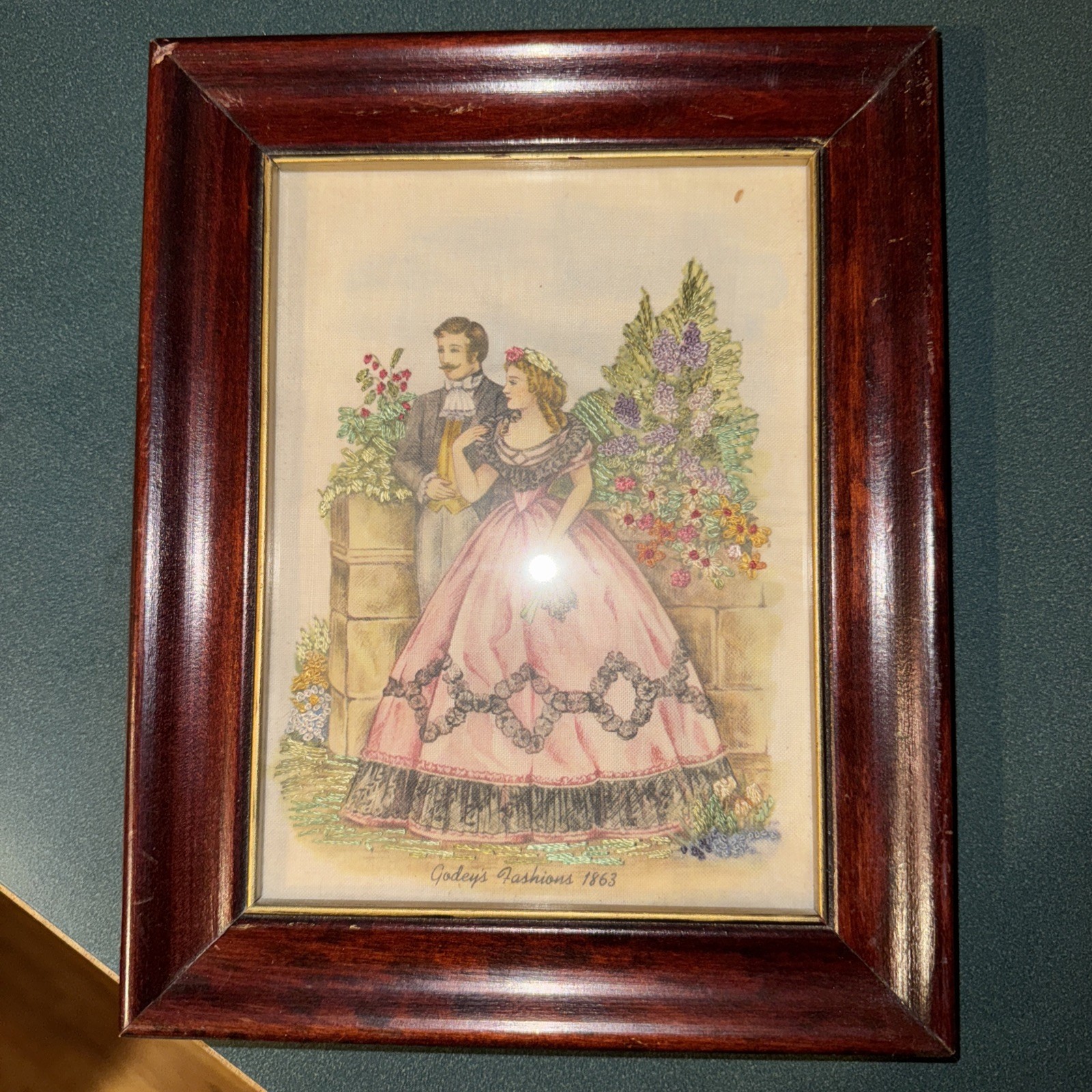 Antique 19thC Artist Signed 1863 Pictures Victorian Era Needlepoint Love Scene