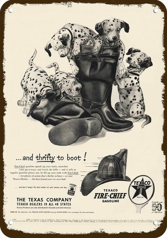 1952 TEXACO DALMATIAN PUPPY DOGS & FIREMANS BOOT Vintage Look DECORATIVE METAL S