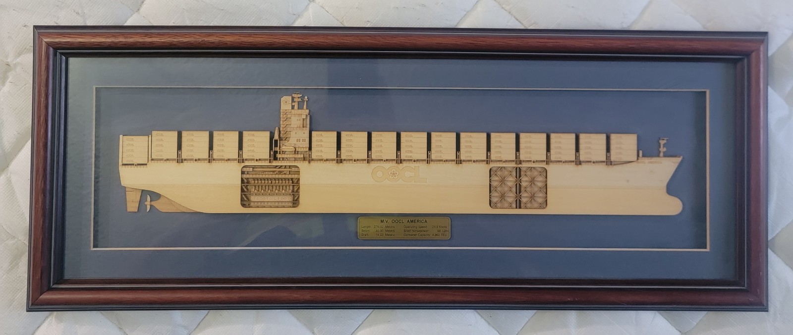 M.V. OOCL AMERICA 4960 TEU Framed Wooden Ship Model Display Maritime 1:1000