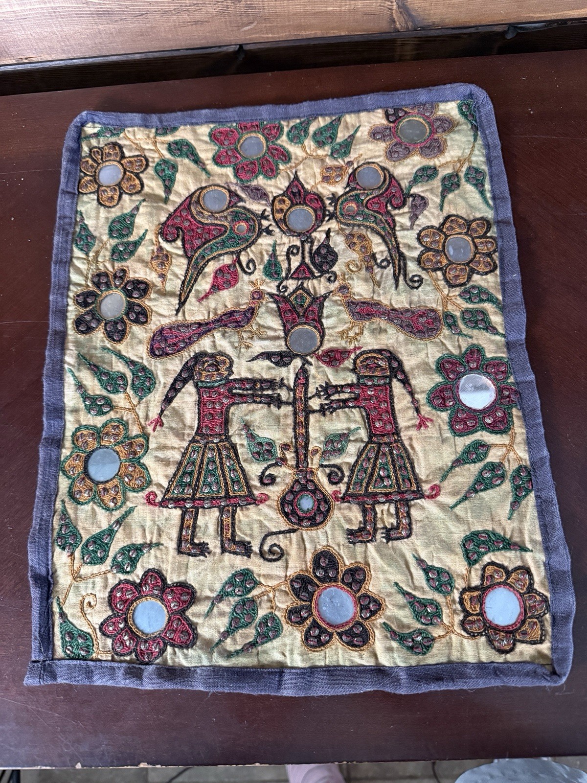 Vintage Handmade Indian Shisha Mirror Work Embroidered Textile Art