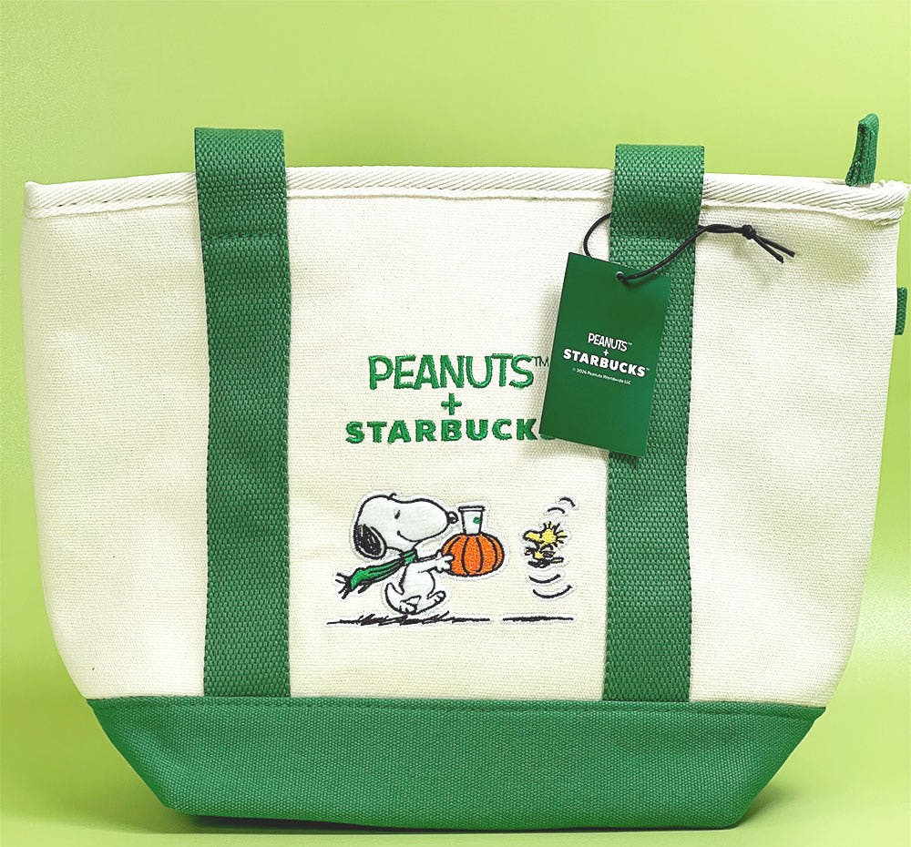 Starbucks Korea x Peanuts 2026 Pumpkin Snoopy Tote Bag Green Beige Zip New