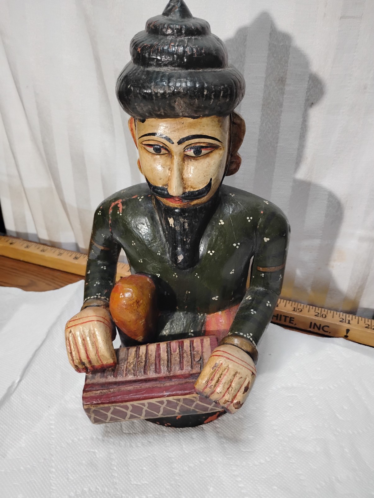 Antique Indian Wood Carving Painted Figurine Man Figurine Music Man Statue Decor Antique Indian Wood Carving Painted Figurine Man Figurine Music Man Statue Decor