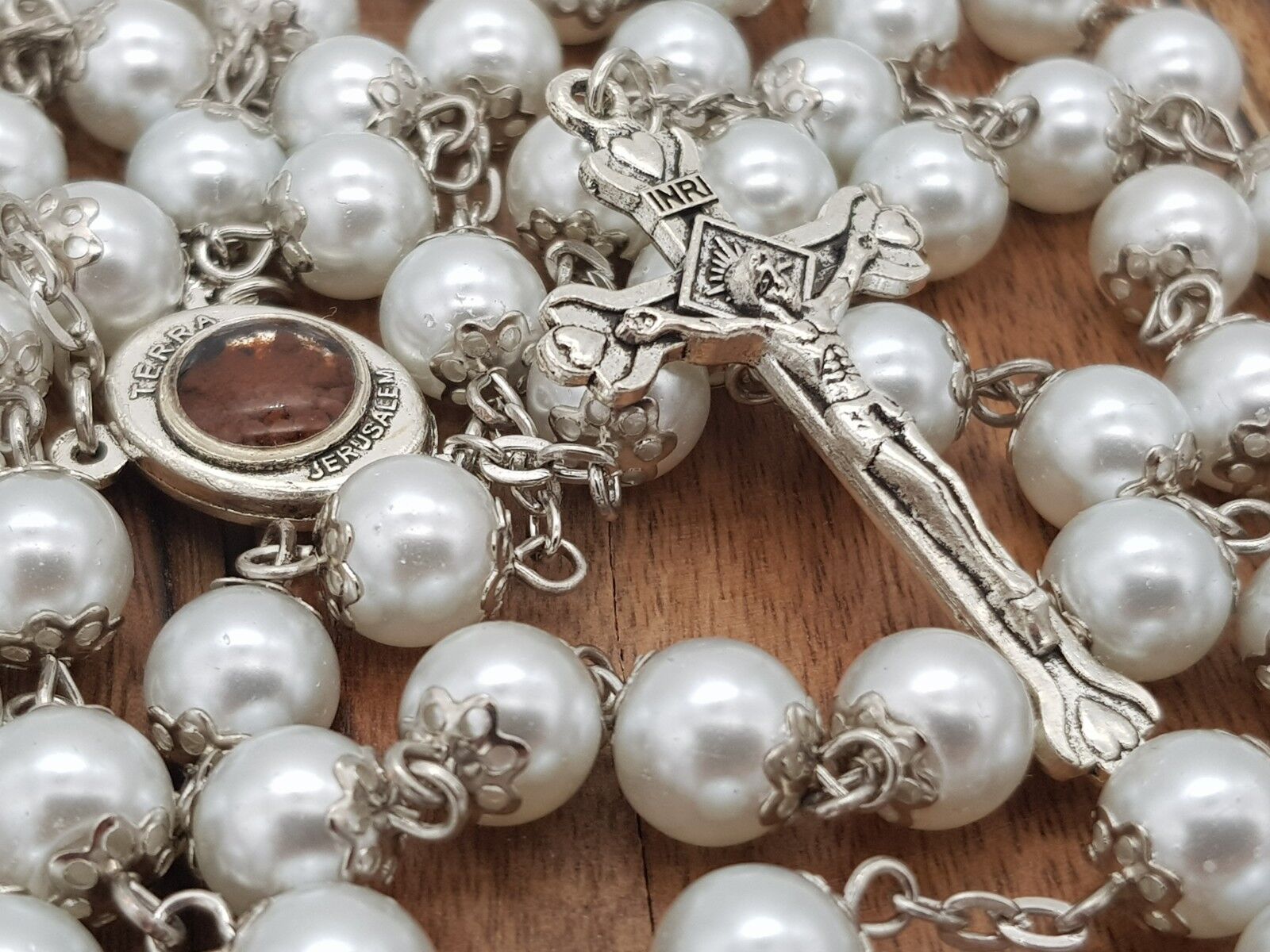 White Pearl Beads Rosary Catholic Necklace Religious Jerusalem Holy Soil & Cross
