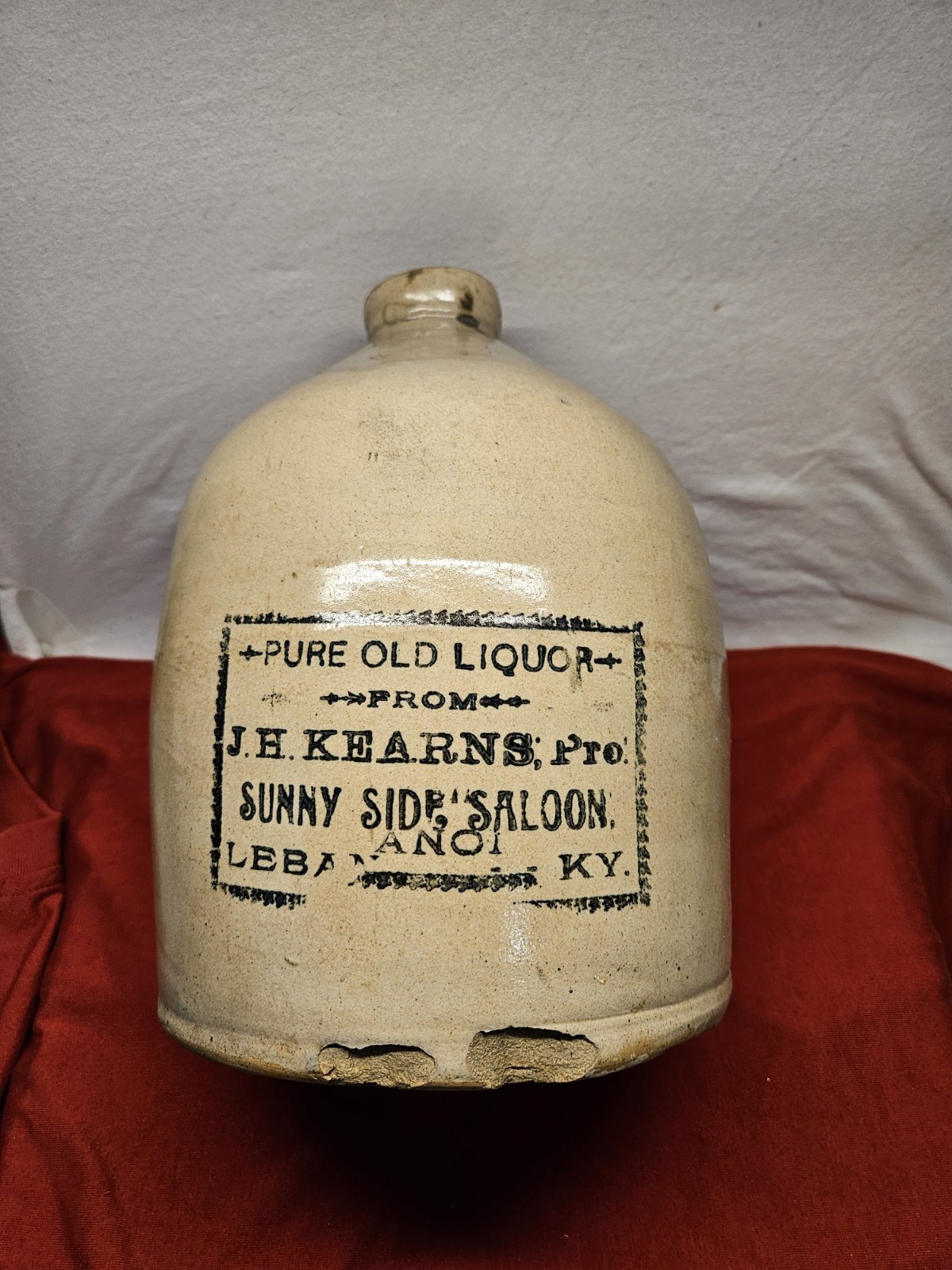 ANTIQUE SCARCE J.H. KEARNS SUNNY SIDE SALOON LEBANON KY WHISKEY STONEWARE JUG