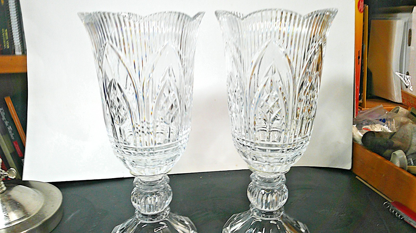 Vintage  England  Lead Crystal Hurricane Urn Vases Large 14 inches 6.9 lbs (2)