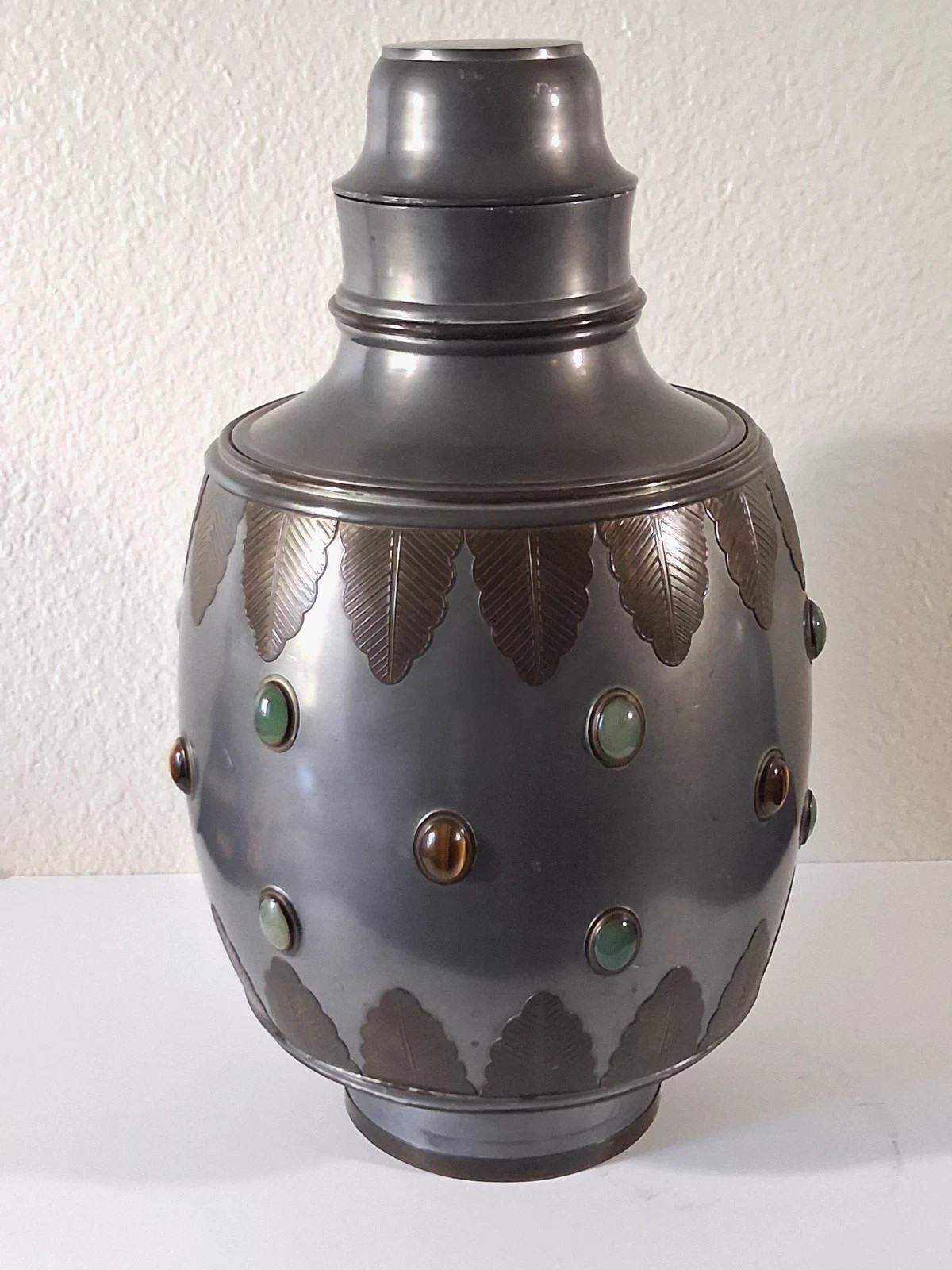 Vintage Pewter Ginger Jar Jade & Tigers Eye Jewels - Large 16