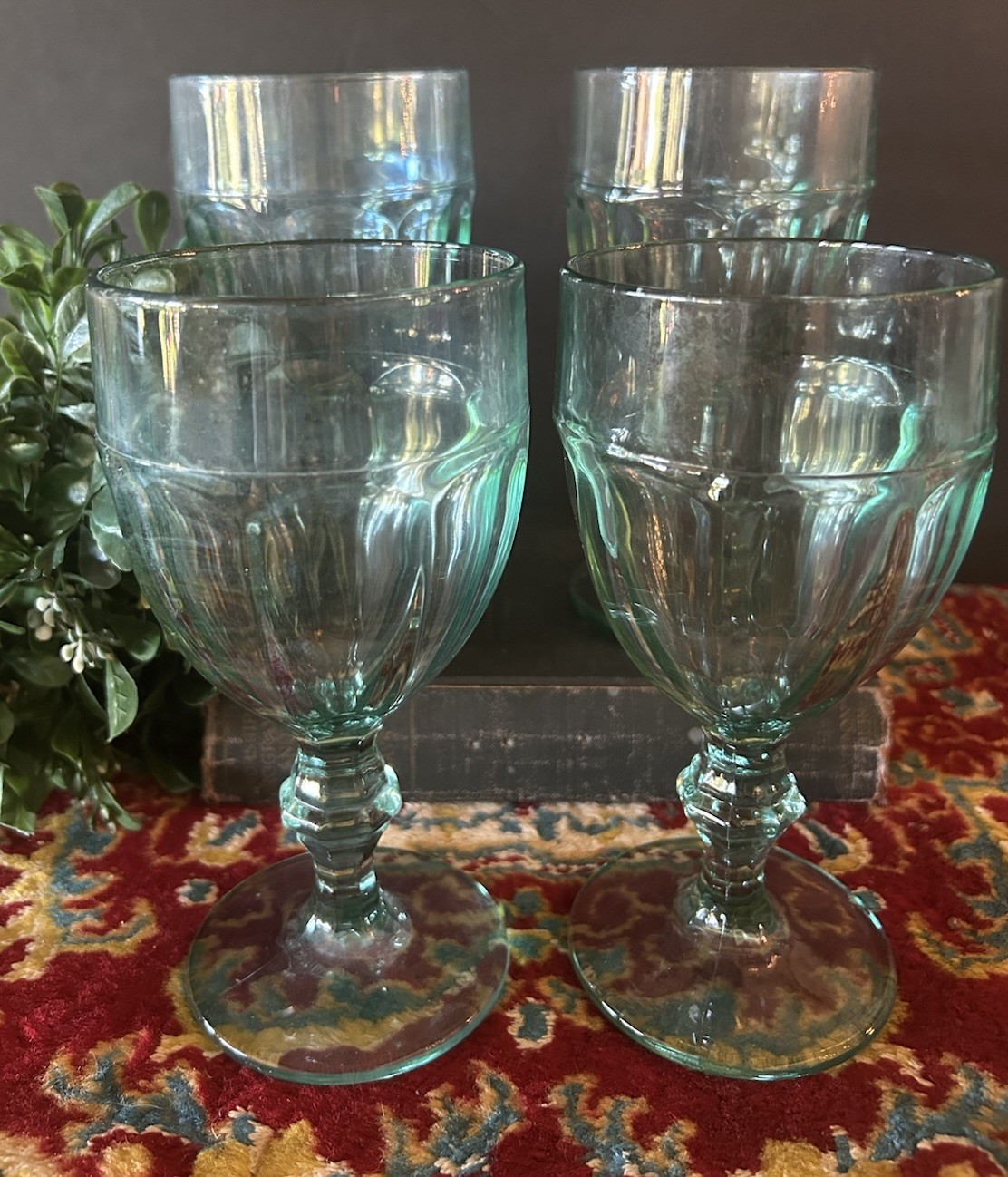 4 Vintage Libbey DuraTuff Gibraltar Wine Water Glass Goblet Spanish Green 16 oz