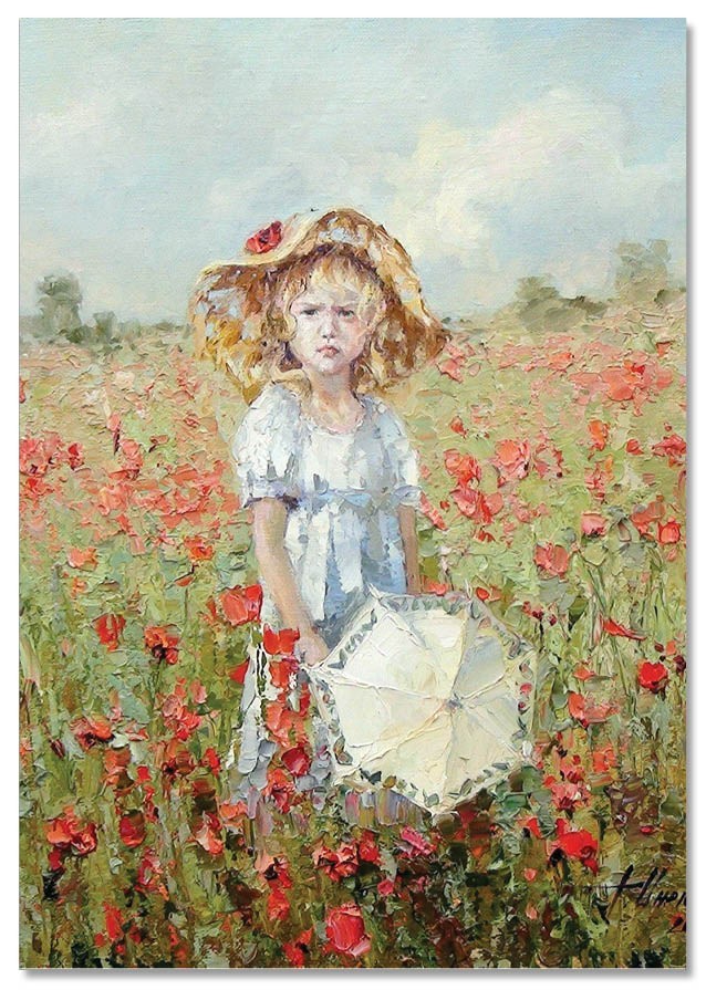 LITTLE GIRL in hat Poppy field KIDS ART Morozova Russian NEW modern Postcard
