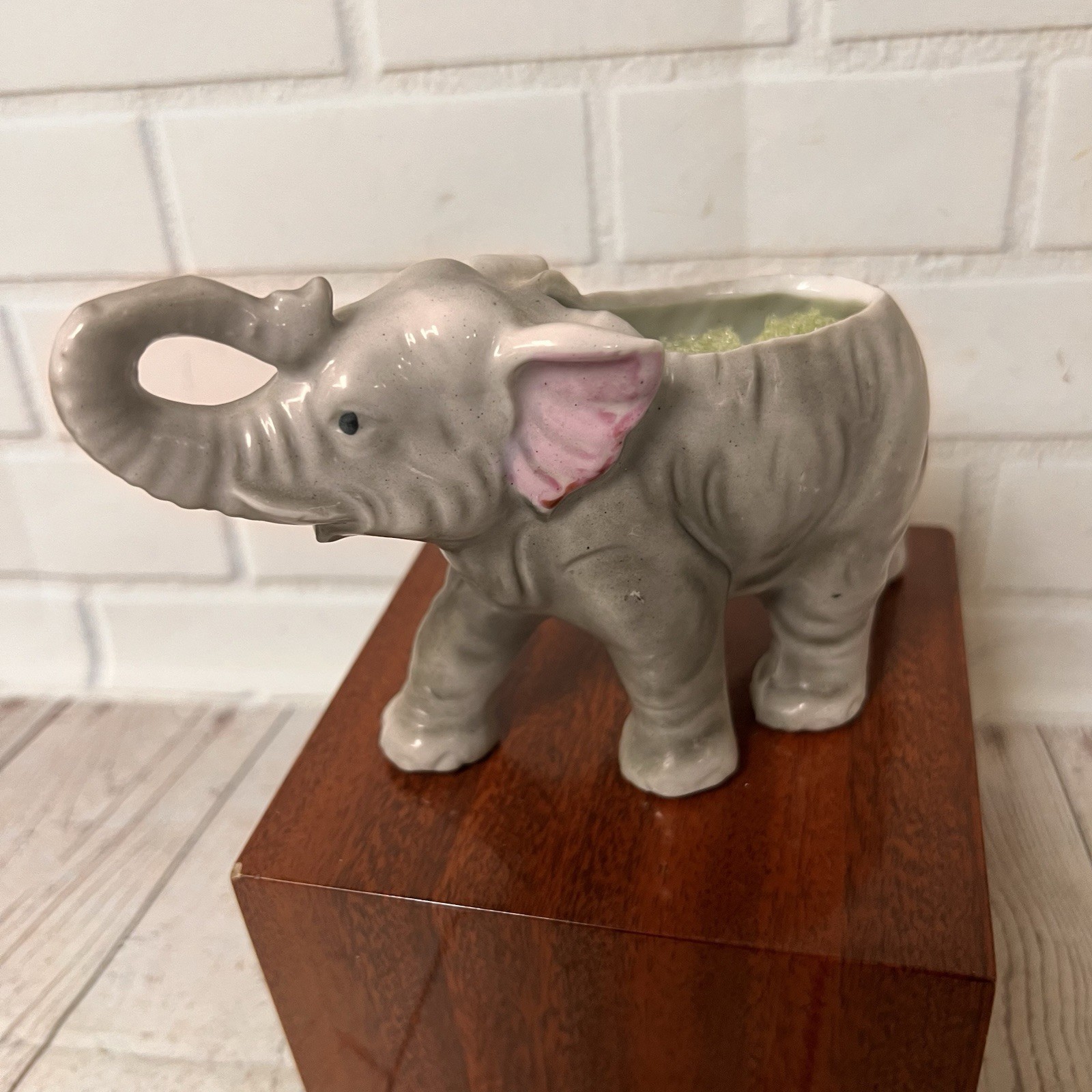 Vintage Japan Elephant Planter Gray Trunk Up