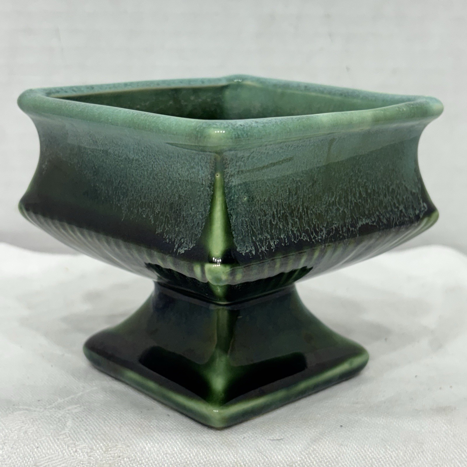 Vintage McCoy USA Pottery Square Footed Pedestal Planter Green 4