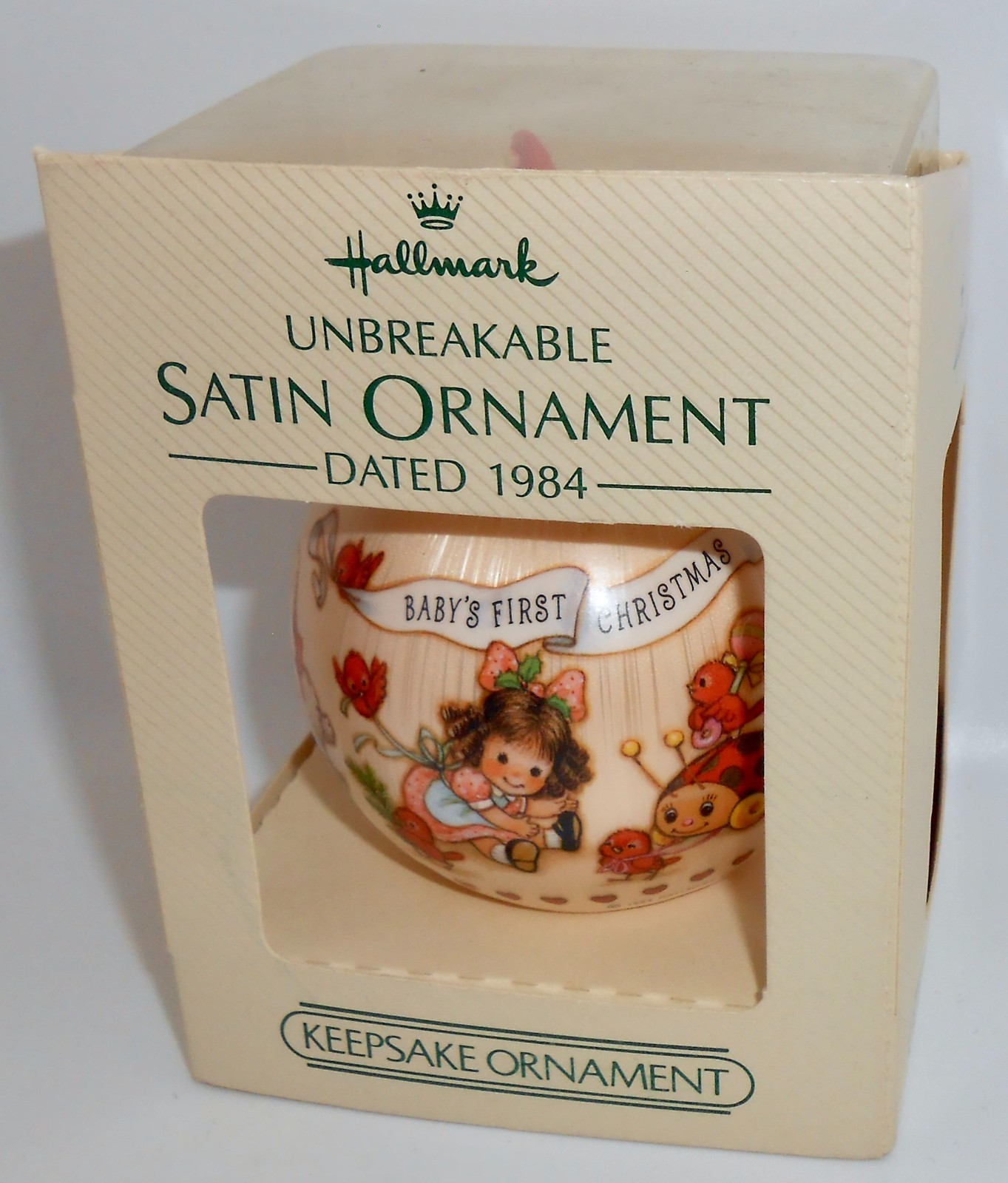Hallmark Ornament 1984 BABY\'S 1st CHRISTMAS BABY GIRL Satin Ball Unbreakable H74