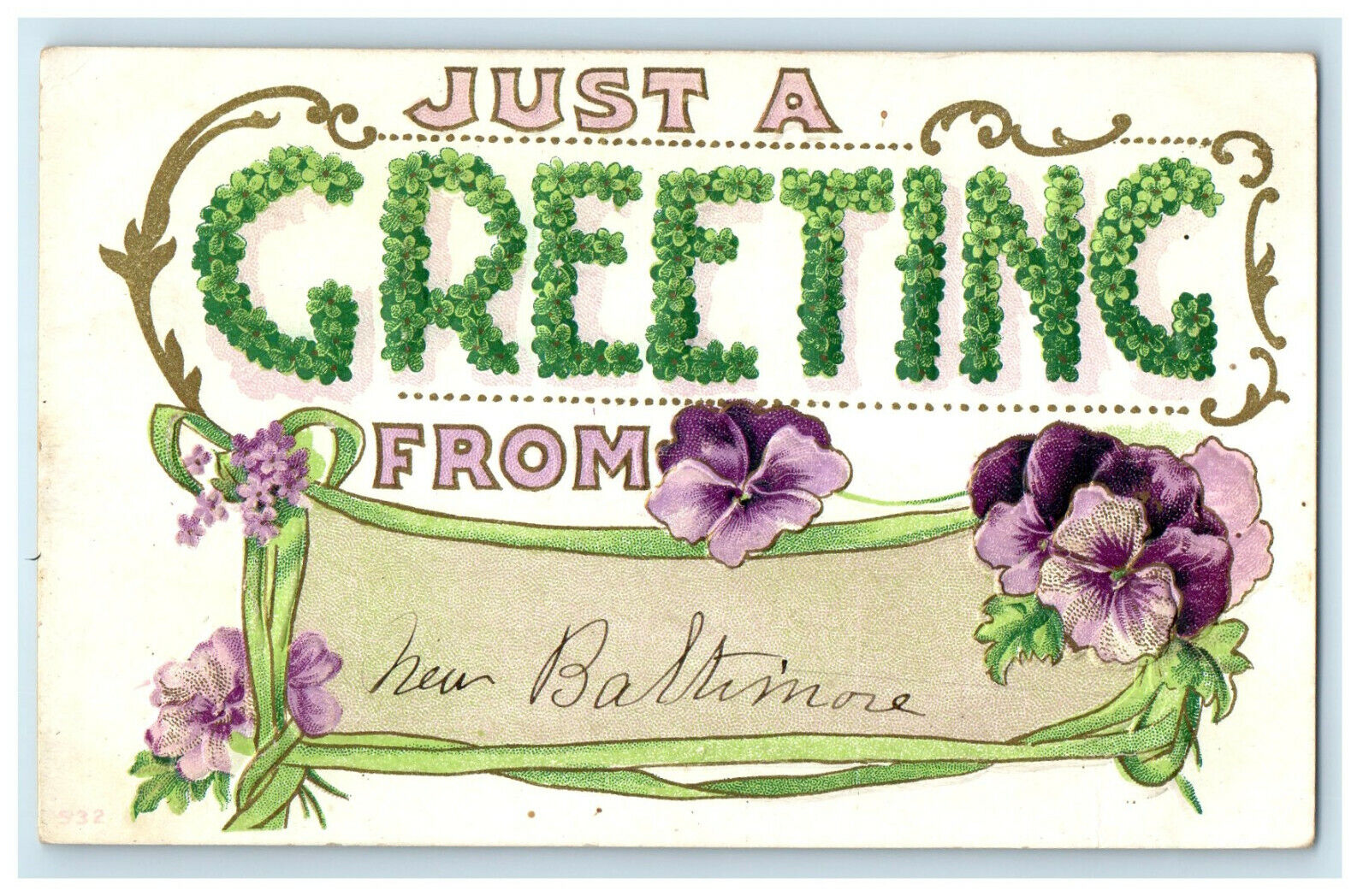 1911 Just A Greeting from New Baltimore Violet and Green Floral Postcard